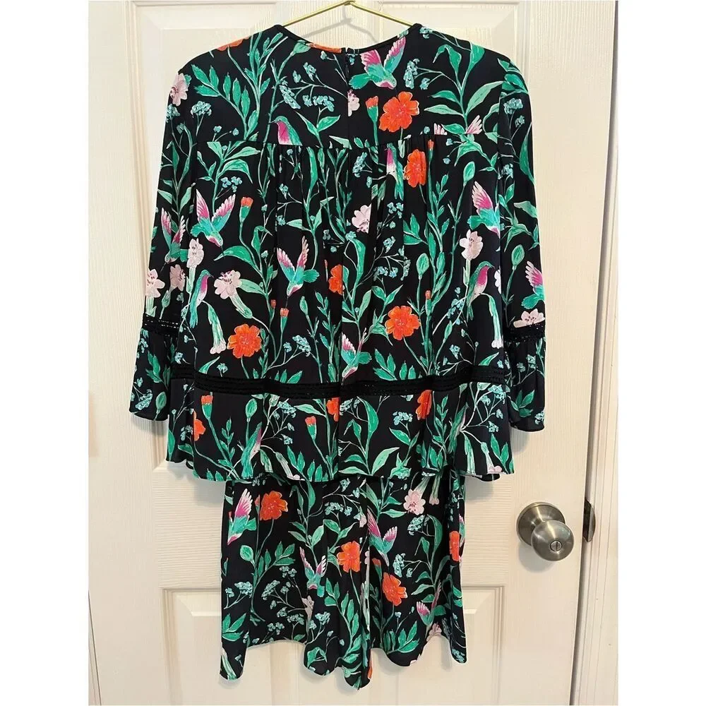 Kate Spade Hummingbird Floral Romper Black Crepe Tassel XS